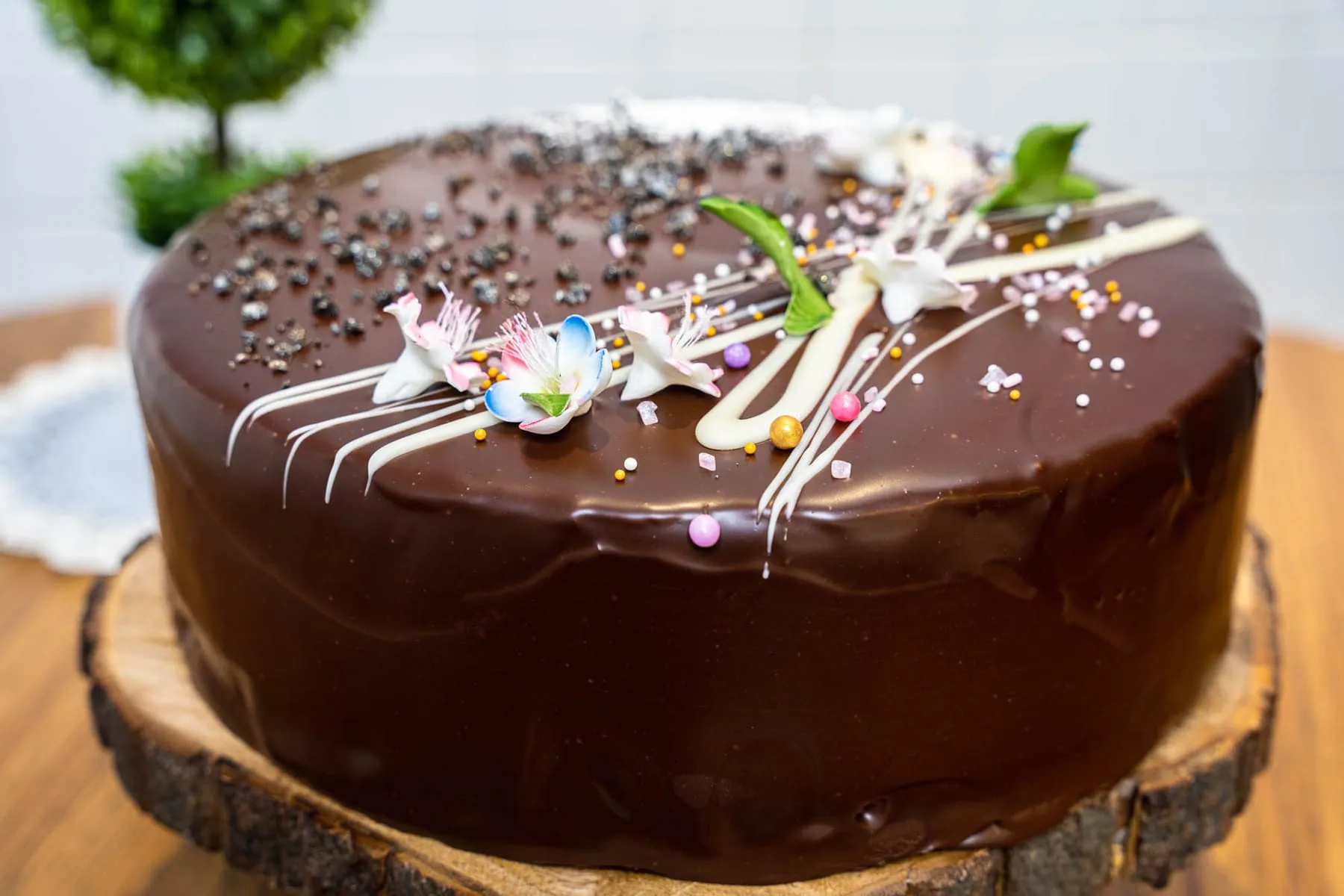 Chocolate ganache cake with sugar flowers